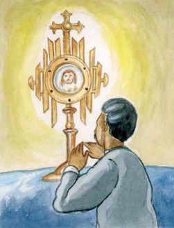 Adoration artwork featuring Jesus and the Host